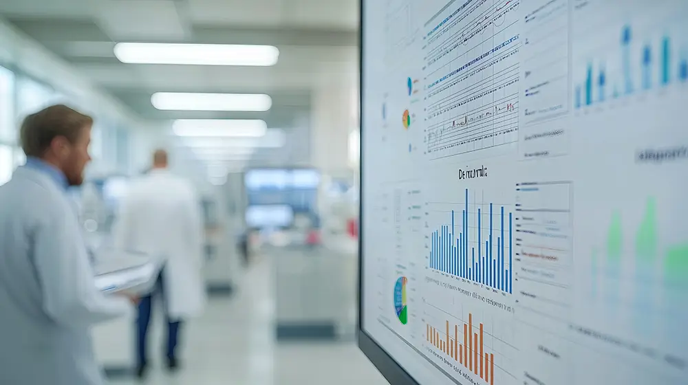 Scientist analyzing data trends on a monitor in a modern laboratory, showcasing research and development in healthcare.