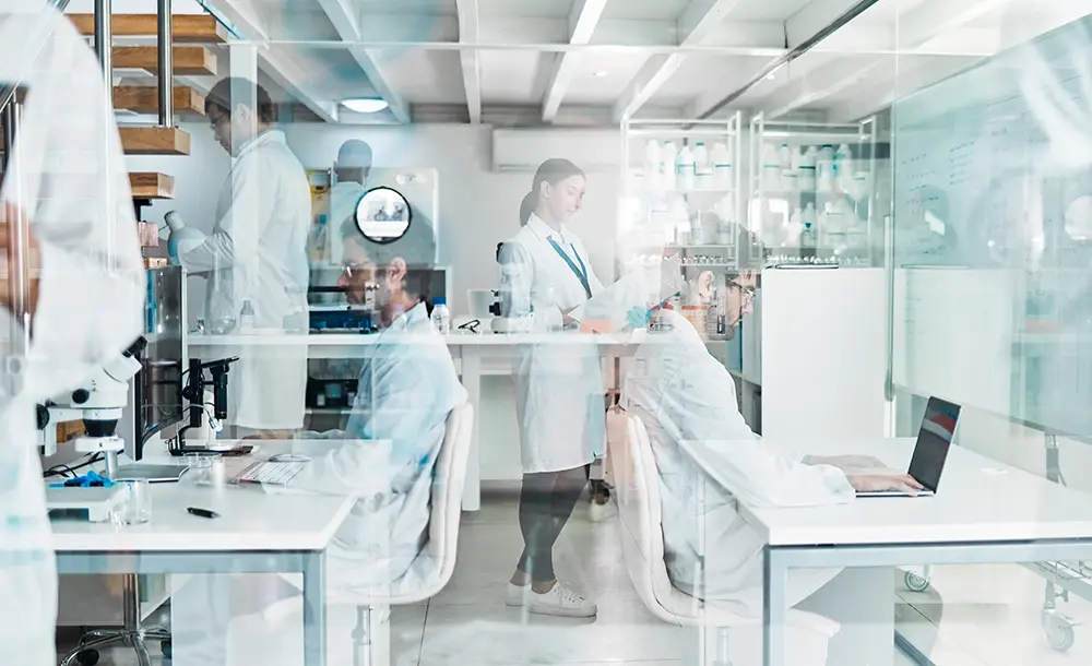 Me and working in lab with double exposure for medical research, chemistry analysis and pharma staff. Science, team and medicine experiment with technology and treatment development.